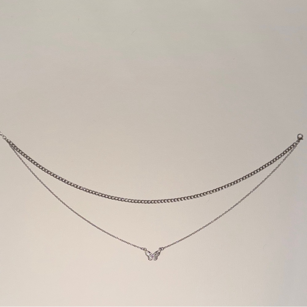Elegant Silver Butterfly Double Chain Necklace